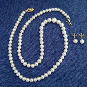 Real Pearl Necklace & Earrings Set with 14k Gold